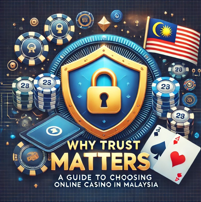 Why Trust Matters: A Guide to Choosing a Trusted Online Casino Malaysia, featuring shield, lock, smartphone casino app, poker chips, and Malaysian flag.